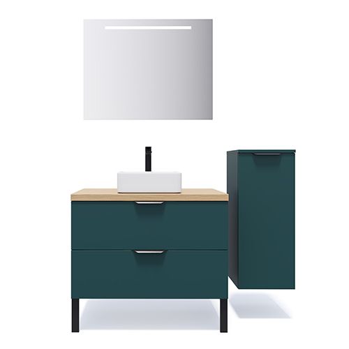 Meuble de salle de bains 90 cm Tropical - 2 tiroirs - vasque carrée + miroir + demi-colonne ouverture à droite - Loft