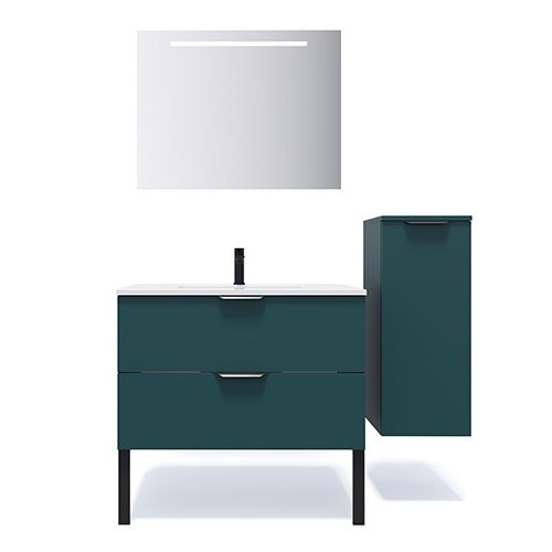Meuble de salle de bains 90 cm Tropical - 2 tiroirs - simple vasque + miroir + demi-colonne ouverture à droite - Loft