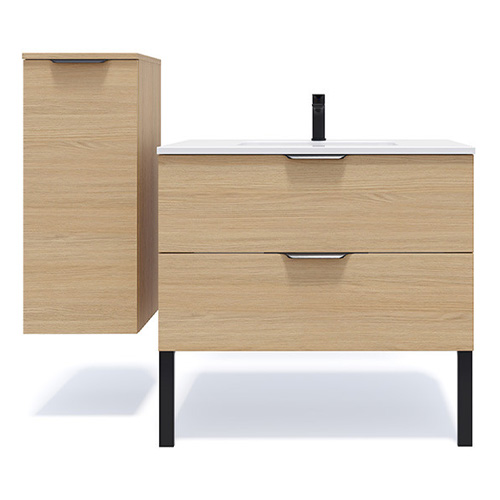 Meuble de salle de bains 90 cm Chêne clair - 2 tiroirs - simple vasque - Loft