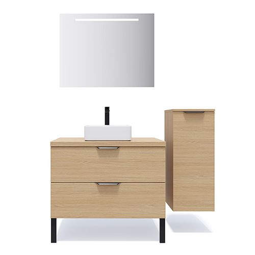 Meuble de salle de bains 90 cm Chêne clair - 2 tiroirs - vasque carrée + miroir + demi-colonne ouverture à droite - Loft