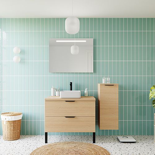 Meuble de salle de bains 90 cm Chêne clair - 2 tiroirs - vasque carrée + miroir + demi-colonne ouverture à droite - Loft