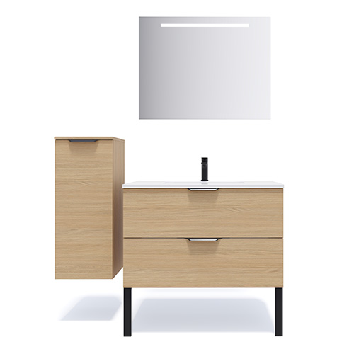 Meuble de salle de bains 90 cm Chêne clair - 2 tiroirs - simple vasque + miroir + demi-colonne ouverture à gauche - Loft