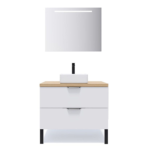 Meuble de salle de bains 90 cm Opale blanc - 2 tiroirs - vasque carrée + miroir - Loft