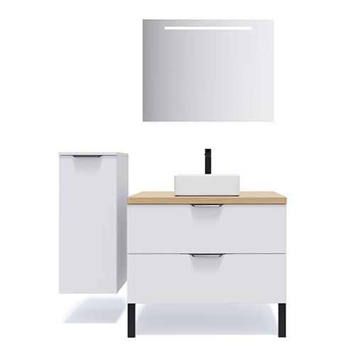Meuble de salle de bains 90 cm Opale blanc - 2 tiroirs - vasque carrée + miroir + demi-colonne ouverture à gauche - Loft