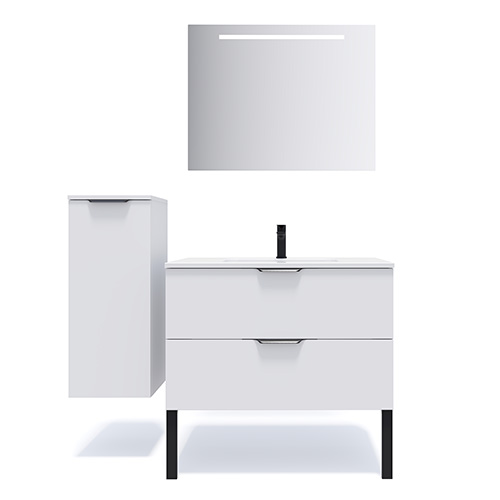 Meuble de salle de bains 90 cm Opale blanc - 2 tiroirs - simple vasque + miroir + demi-colonne ouverture à gauche - Loft