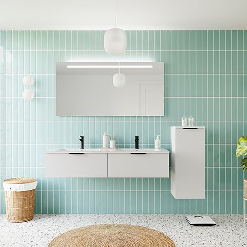 Meuble de salle de bains 140 cm Opale blanc - 2 tiroirs - double vasque + miroir + demi-colonne ouverture à droite - Loft