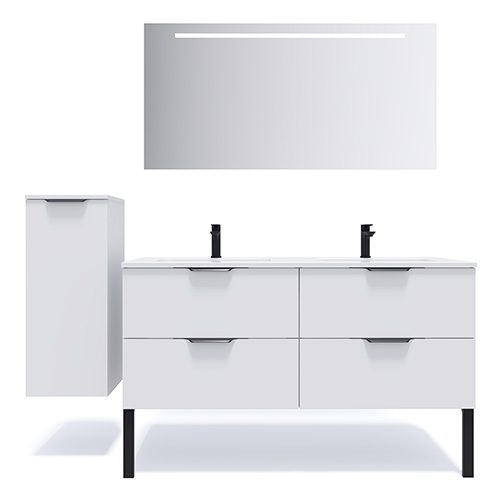 Meuble de salle de bain suspendu double vasque intégrée 140cm 4 tiroirs Blanc + miroir + colonne ouverture gauche - Loft