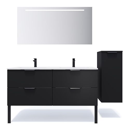 Meuble de salle de bain suspendu double vasque intégrée 140cm 4 tiroirs Noir + miroir + colonne ouverture droite - Loft