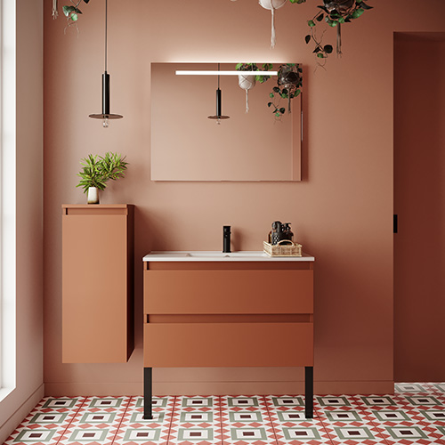 Meuble de salle de bain suspendu vasque intégrée 90cm 2 tiroirs Terracotta + miroir + colonne ouverture gauche - Rivage