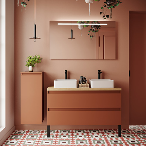 Meuble de salle de bain suspendu 2 vasques à poser 120cm 2 tiroirs Terracotta + miroir - Rivage