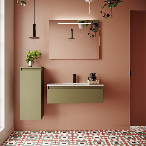 Meuble de salle de bain suspendu vasque intégrée 90cm 1 tiroir Vert olive - Rivage