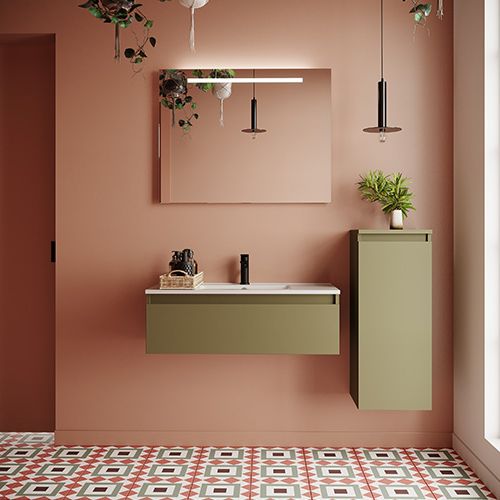 Meuble de salle de bain suspendu vasque intégrée 90cm 1 tiroir Vert olive + miroir + colonne ouverture droite - Rivage