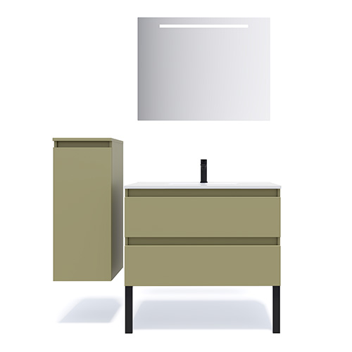 Meuble de salle de bain suspendu vasque intégrée 90cm 2 tiroirs Vert olive + miroir - Rivage