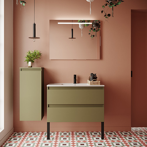 Meuble de salle de bain suspendu vasque intégrée 90cm 2 tiroirs Vert olive + miroir - Rivage