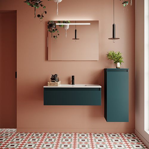 Meuble de salle de bain suspendu vasque intégrée 90cm 1 tiroir Bleu + miroir + colonne ouverture droite - Rivage