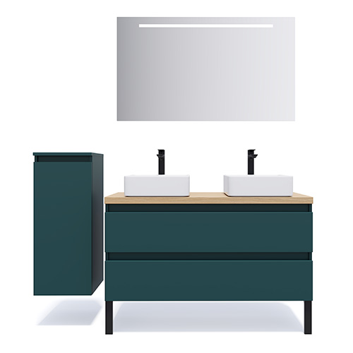 Meuble de salle de bain suspendu 2 vasques à poser 120cm 2 tiroirs Bleu + miroir - Rivage