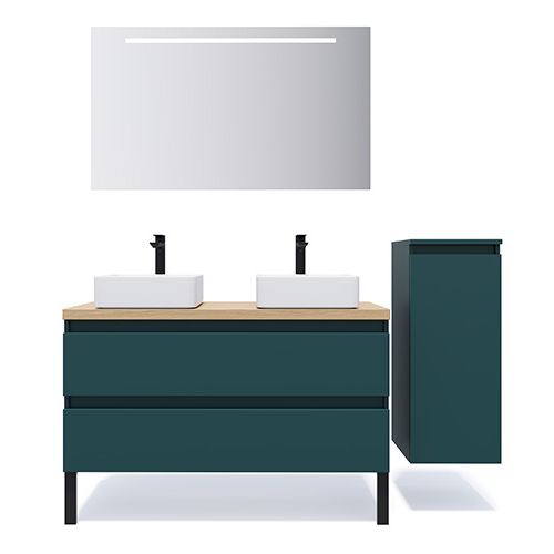 Meuble de salle de bain suspendu 2 vasques à poser 120cm 2 tiroirs Bleu + miroir + colonne ouverture droite - Rivage