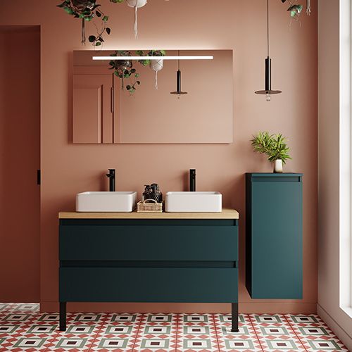 Meuble de salle de bain suspendu 2 vasques à poser 120cm 2 tiroirs Bleu + miroir + colonne ouverture droite - Rivage