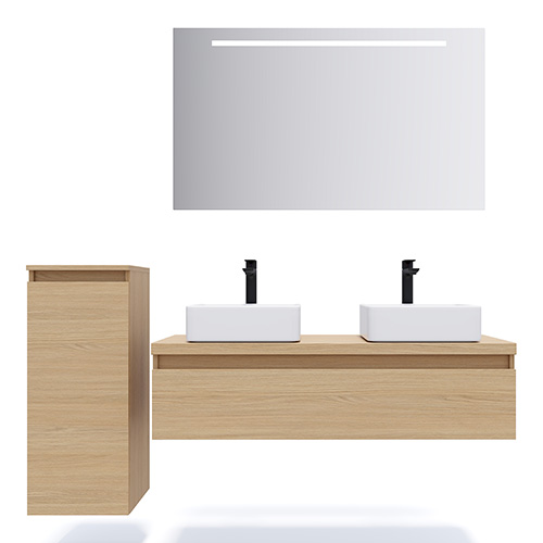 Meuble de salle de bain suspendu 2 vasques à poser 120cm 1 tiroir Chêne clair + miroir - Rivage
