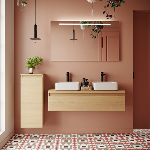 Meuble de salle de bain suspendu 2 vasques à poser 120cm 1 tiroir Chêne clair + miroir - Rivage