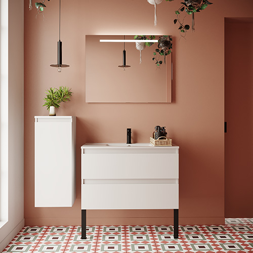 Meuble de salle de bain suspendu vasque intégrée 90cm 2 tiroirs Blanc - Rivage