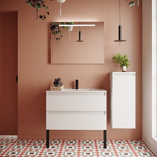 Meuble de salle de bain suspendu vasque intégrée 90cm 2 tiroirs Blanc + miroir + colonne ouverture droite - Rivage