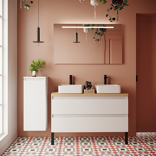 Meuble de salle de bain suspendu 2 vasques à poser 120cm 2 tiroirs Blanc + miroir - Rivage