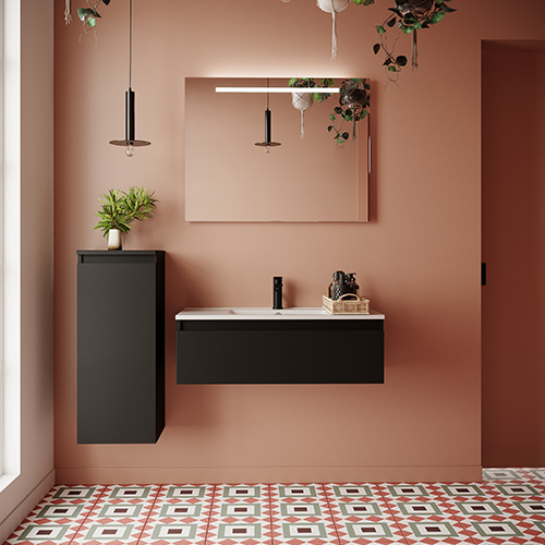 Meuble de salle de bain suspendu vasque intégrée 90cm 1 tiroir Noir + miroir + colonne ouverture gauche - Rivage