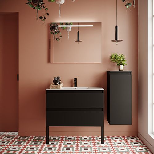 Meuble de salle de bain suspendu vasque intégrée 90cm 2 tiroirs Noir + miroir + colonne ouverture droite - Rivage