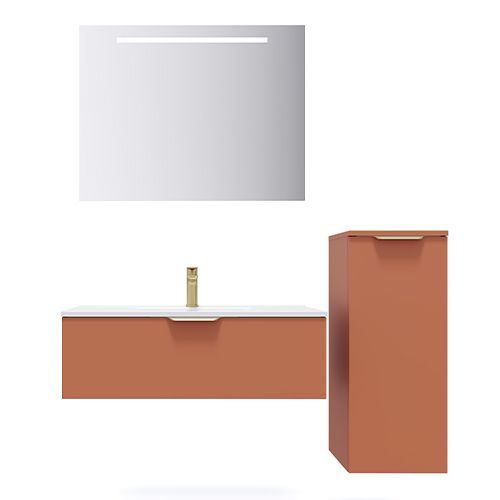 Meuble de salle de bain suspendu vasque intégrée 90cm 1 tiroir Terracotta + miroir + colonne ouverture droite - Swing