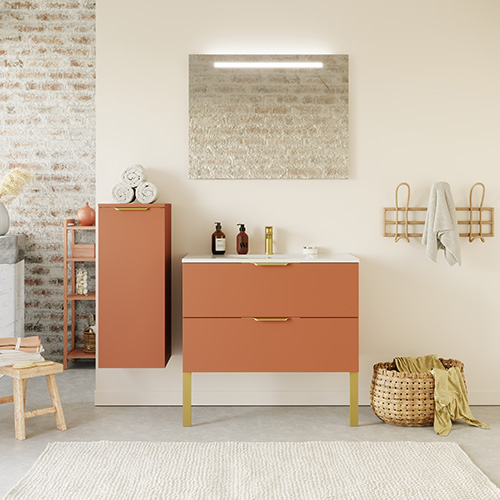 Meuble de salle de bain suspendu vasque intégrée 90cm 2 tiroirs Terracotta + miroir - Swing