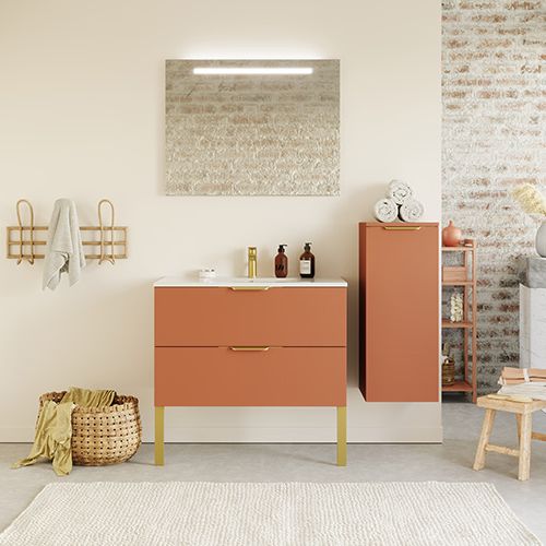 Meuble de salle de bain suspendu vasque intégrée 90cm 2 tiroirs Terracotta + miroir + colonne ouverture droite - Swing