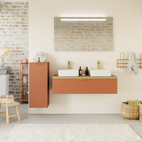 Meuble de salle de bain suspendu 2 vasques à poser 120cm 1 tiroir Terracotta + miroir - Swing