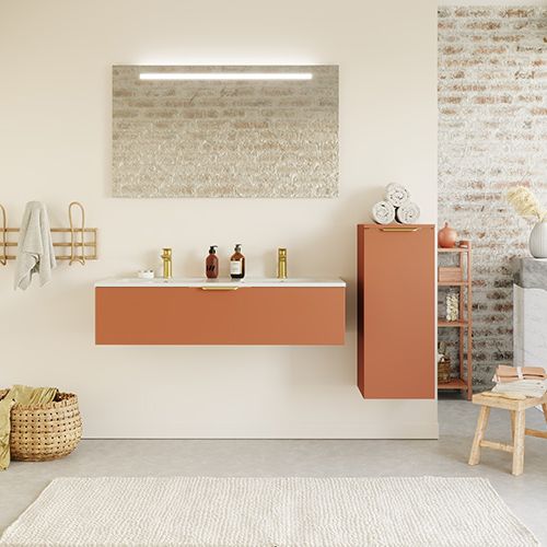 Meuble de salle de bain suspendu double vasque intégrée 120cm 1 tiroir Terracotta + miroir + colonne ouverture droite - Swing