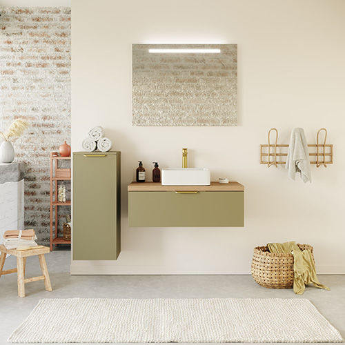 Meuble de salle de bain suspendu vasque à poser 90cm 1 tiroir Vert olive + miroir - Swing