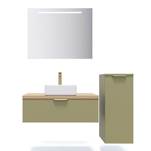 Meuble de salle de bain suspendu vasque à poser 90cm 1 tiroir Vert olive + miroir + colonne ouverture droite - Swing