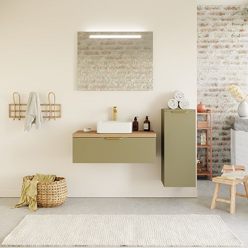 Meuble de salle de bain suspendu vasque à poser 90cm 1 tiroir Vert olive + miroir + colonne ouverture droite - Swing