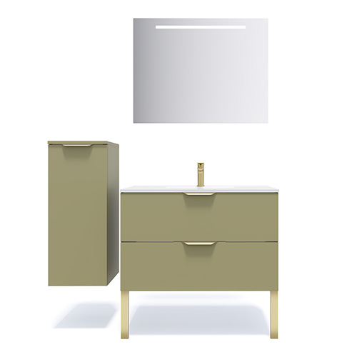 Meuble de salle de bain suspendu vasque intégrée 90cm 2 tiroirs Vert olive + miroir + colonne ouverture gauche - Swing