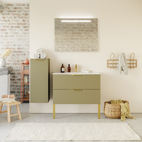 Meuble de salle de bain suspendu vasque intégrée 90cm 2 tiroirs Vert olive + miroir + colonne ouverture gauche - Swing