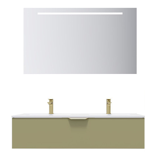 Meuble de salle de bain suspendu double vasque intégrée 120cm 1 tiroir Vert olive + miroir - Swing