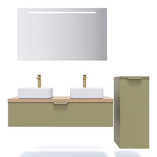 Meuble de salle de bain suspendu 2 vasques à poser 120cm 1 tiroir Vert olive + miroir + colonne ouverture droite - Swing