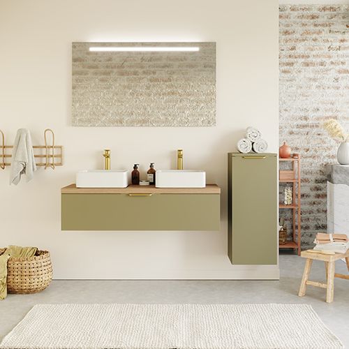 Meuble de salle de bain suspendu 2 vasques à poser 120cm 1 tiroir Vert olive + miroir + colonne ouverture droite - Swing