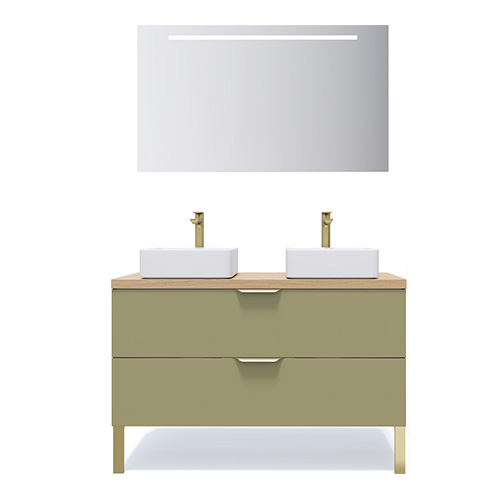 Meuble de salle de bain suspendu 2 vasques à poser 120cm 2 tiroirs Vert olive + miroir - Swing