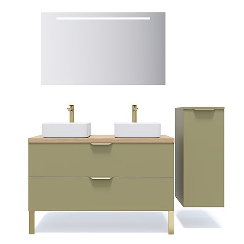 Meuble de salle de bain suspendu 2 vasques à poser 120cm 2 tiroirs Vert olive + miroir + colonne ouverture droite - Swing