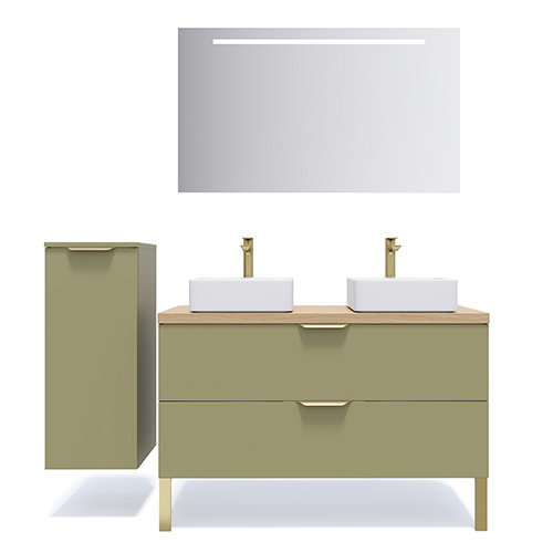 Meuble de salle de bain suspendu 2 vasques à poser 120cm 2 tiroirs Vert olive + miroir + colonne ouverture gauche - Swing