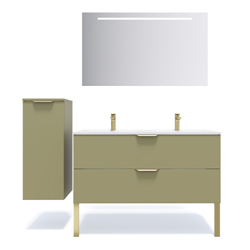 Meuble de salle de bain suspendu double vasque intégrée 120cm 2 tiroirs Vert olive + miroir + colonne ouverture gauche - Swing