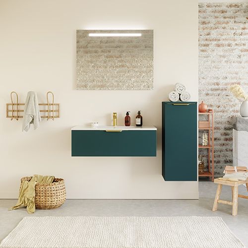 Meuble de salle de bain suspendu vasque intégrée 90cm 1 tiroir Bleu + miroir + colonne ouverture droite - Swing