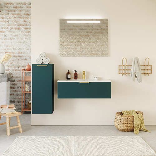 Meuble de salle de bain suspendu vasque intégrée 90cm 1 tiroir Bleu + miroir + colonne ouverture gauche - Swing
