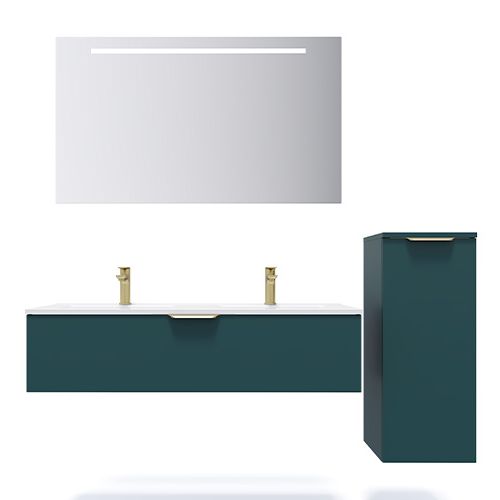 Meuble de salle de bain suspendu double vasque intégrée 120cm 1 tiroir Bleu + miroir + colonne ouverture droite - Swing