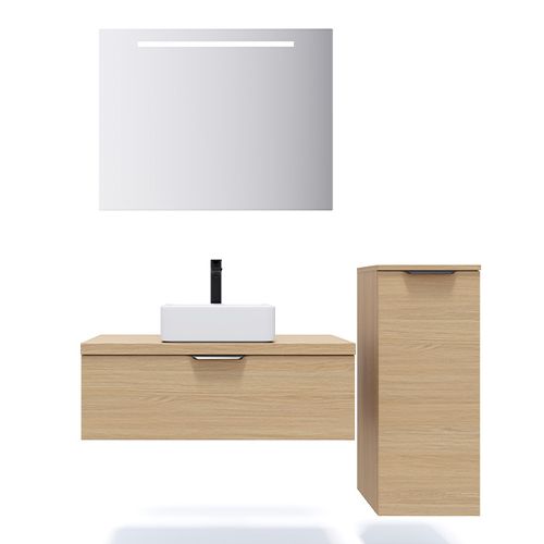 Meuble de salle de bain suspendu vasque à poser 90cm 1 tiroir Chêne clair + miroir + colonne ouverture droite - Swing